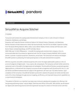 Siriusxm to Acquire Stitcher