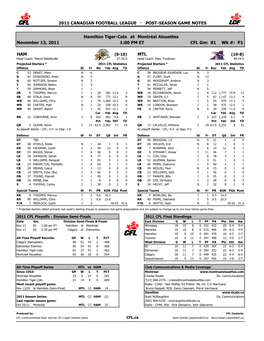 2011 Canadian Football League · Post-Season Game Notes