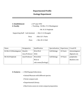 Departmental Profile Zoology Department ======