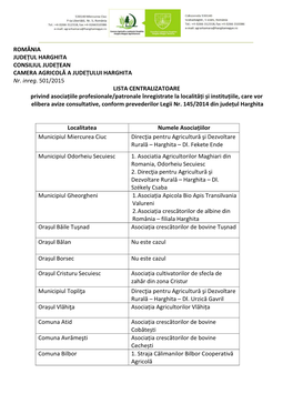 ROMÂNIA JUDEȚUL HARGHITA CONSILIUL JUDEȚEAN CAMERA AGRICOLĂ a JUDEȚULUI HARGHITA Nr