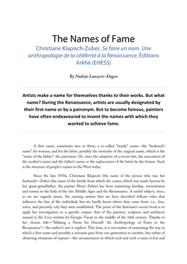 The Names of Fame Christiane Klapisch-Zuber, Se Faire Un Nom