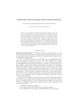 SEMI-STABLE SUBCATEGORIES for EUCLIDEAN QUIVERS 1. Introduction Semi-Stable Subcategories. in Mumford's Geometric Invariant Th