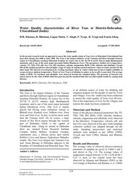 Water Quality Characteristics of River Tons at District-Dehradun, Uttarakhand (India)