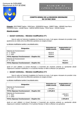 Commune De CLERLANDE Département Du PUY DE DÔME RR EE UU NN II OO NN DD UU CC OO NN SS EE II LL MM UU NN II CC II PP AA LL