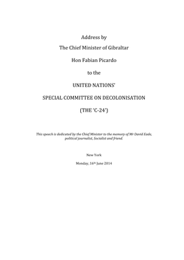 Address by the Chief Minister of Gibraltar Hon Fabian Picardo to The