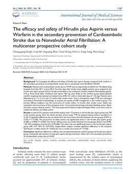 The Efficacy and Safety of Hirudin Plus Aspirin Versus Warfarin in the Secondary Prevention of Cardioembolic Stroke Due to Nonva