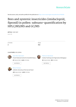 (Imidacloprid and Fipronil) in Pollen and Bees