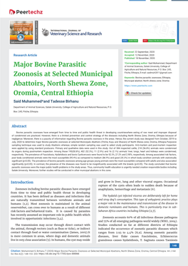 Major Bovine Parasitic Zoonosis at Selected Municipal Abattoirs, North Shewa Zone, Oromia, Central Ethiopia
