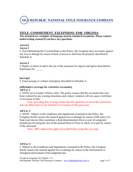 TITLE COMMITMENT EXCEPTIONS for VIRGINIA the Attached Are Examples of Language Used in Standard Exceptions