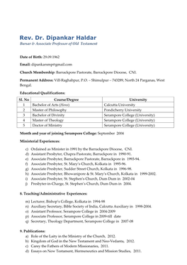 Rev. Dr. Dipankar Haldar Bursar & Associate Professor of Old Testament