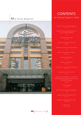 CONTENTS of Annual Report 2003 M Id Valley Megamall