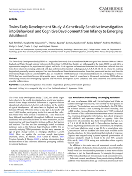 Twins Early Development Study: a Genetically Sensitive Investigation Into Behavioral and Cognitive Development from Infancy to Emerging Adulthood