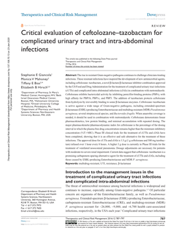 Critical Evaluation of Ceftolozane–Tazobactam for Complicated Urinary Tract and Intra-Abdominal Infections