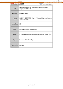 Phonological Inventories of Seven Jingphoish Languages and Dialects Author(S)