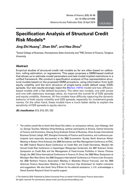 Specification Analysis of Structural Credit Risk Models* Jing-Zhi Huang1, Zhan Shi2, and Hao Zhou2