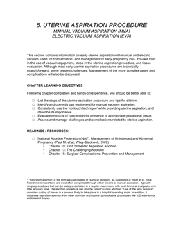 5. Uterine Aspiration Procedure Manual Vacuum Aspiration (Mva) Electric Vacuum Aspiration (Eva)