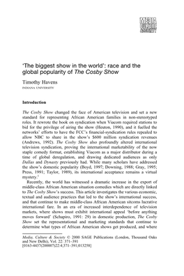 Race and the Global Popularity of the Cosby Show Timothy Havens INDIANA UNIVERSITY