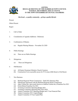Agenda Regular Meeting of the Barrhead Town Council Tuesday, December 8, 2020 at 5:30 P.M