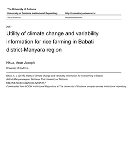 Utility of Climate Change and Variability Information for Rice Farming in Babati District-Manyara Region