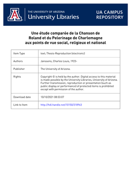 The Etude Compares De La Chanson De Roland Et Du Pelerxnage De Charlemagne Aux Points De W E Social^ Relxgiehx Et National