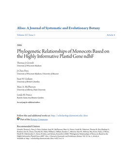 Phylogenetic Relationships of Monocots Based on the Highly Informative Plastid Gene Ndhf Thomas J