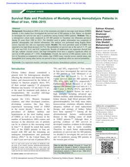 Survival Rate and Predictors of Mortality Among Hemodialysis Patients in West of Iran, 1996–2015