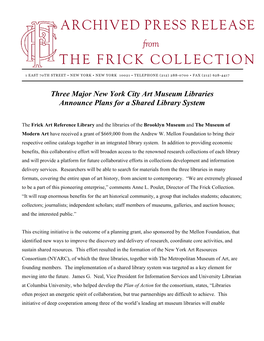 PRESS RELEASE from the FRICK COLLECTION