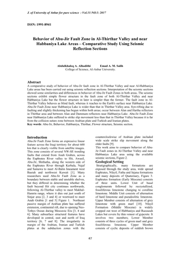 Behavior of Abu-Jir Fault Zone in Al-Thirthar Valley and Near Habbaniya Lake Areas – Comparative Study Using Seismic Reflection Sections