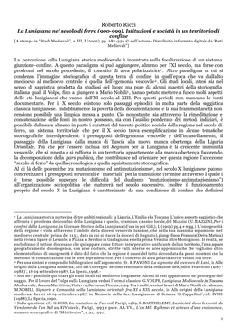 Roberto Ricci La Lunigiana Nel Secolo Di Ferro (900-999)