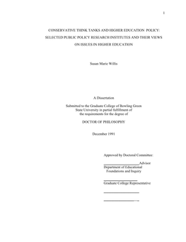 Conservative Think Tanks and Higher Education Policy: Selected Public Policy Research Institutes and Their Views on Issues in Higher Education