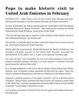 Pope to Make Historic Visit to United Arab Emirates in February
