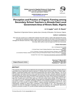 Perception and Practice of Organic Farming Among Secondary School Teachers in Ahoada East Local Government Area of Rivers State, Nigeria