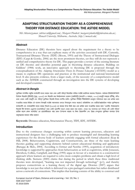 Adapting Structuration Theory As a Comprehensive Theory for Distance Education: the Astide Model Md Aktaruzzaman, Margaret Plunkett