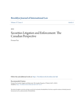 Securities Litigation and Enforcement: the Canadian Perspective Poonam Puri