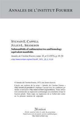 Submanifolds of Codimension Two and Homology Equivalent Manifolds Annales De L’Institut Fourier, Tome 23, No 2 (1973), P