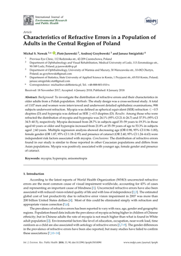 Characteristics of Refractive Errors in a Population of Adults in the Central Region of Poland