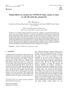 Global Efforts on Vaccines for COVID-19: Since, Sooner Or Later, We All Will Catch the Coronavirus