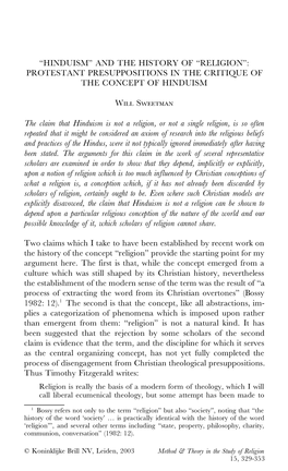 "Religion": Protestant Presuppositions in the Critique of the Concept of Hindu