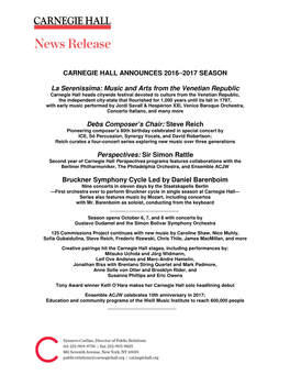 CARNEGIE HALL ANNOUNCES 2016–2017 SEASON La Serenissima