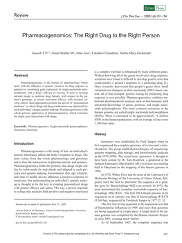 Pharmacogenomics: the Right Drug to the Right Person