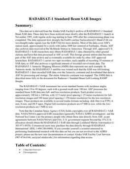 RADARSAT-1 Standard Beam SAR Images Summary: This Data Set Is Derived from the Alaska SAR Facility's Archive of RADARSAT-1 Standard Beam SAR Data