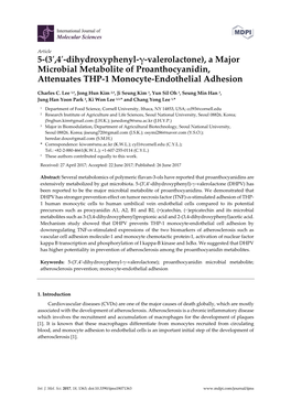 3′,4′-Dihydroxyphenyl-Γ-Valerolactone), a Major Microbial Metabolite of Proanthocyanidin, Attenuates THP-1 Monocyte-Endothelial Adhesion