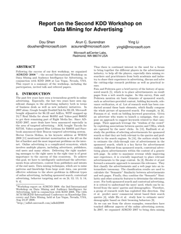 Report on the Second KDD Workshop on Data Mining for Advertising ∗