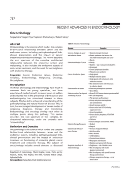 RECENT ADVANCES in ENDOCRINOLOGY Oncocrinology Sanjay Kalra,1 Gagan Priya,2 Saptarshi Bhattacharya,3 Rakesh Sahay4