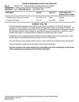 House of Representatives Staff Analysis Bill #: Cs/Hjr