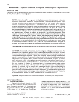 Renealmia L.F.: Aspectos Botânicos, Ecológicos, Farmacológicos E Agronômicos