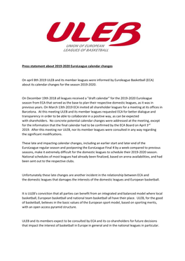 Press Statement About 2019-2020 Euroleague Calendar Changes