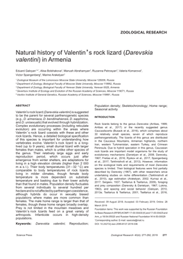 Natural History of Valentinăs Rock Lizard ( Darevskia Valentini) in Armenia
