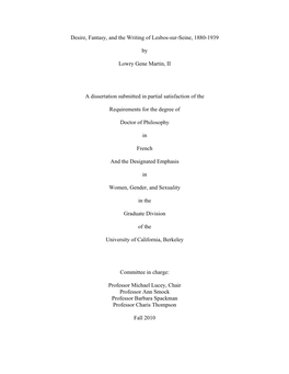 Desire, Fantasy, and the Writing of Lesbos-Sur-Seine, 1880-1939 By