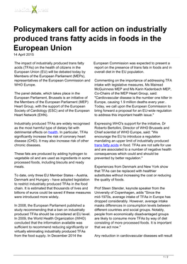 Policymakers Call for Action on Industrially Produced Trans Fatty Acids in Foods in the European Union 14 April 2015